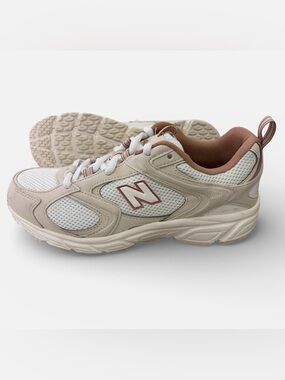 New Balance Women’s 408 Sneakers in White and Beige with Rust Accent